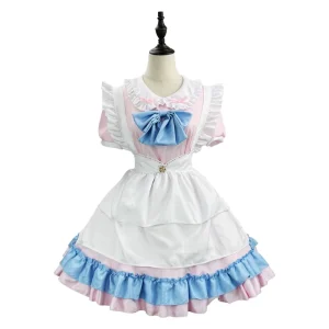 Women’s Cute Cat Lolita Costume Plus Size 5XL Full Set With Pink Blue Lace Trim Apron And Cat Paw Cosplay Anime Outfit