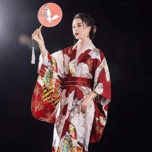 Women’s Elegant Japanese Kimono Sexy Yukata with Obi Cosplay Costume National Novelty Evening Dress Printed Flower Geisha Gown