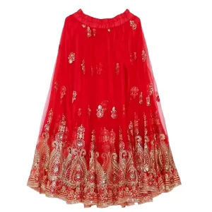 Womens Ethnic Costume Belly Dance Embroidered Tulle Linen Cotton Wide Stage Skirt In Stock
