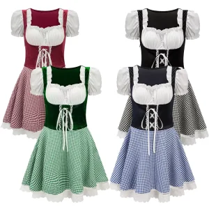 Women’s Ethnic-Style Maid Costume Dress, Short Sleeve, Lace-Up