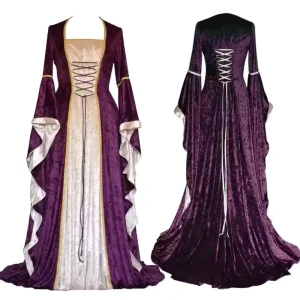 Women’s European Medieval Retro Court Princess Long Dress Square Collar Halloween Cosplay Costume
