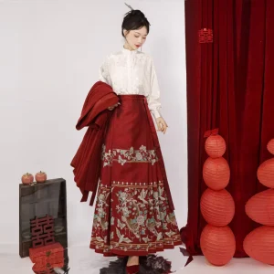 Women’s Floral Gold Horse-Faced Skirt Traditional Chinese Tang Suit Polyester Costume