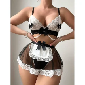 Women’s French Maid Lingerie Set Lace Cosplay Costume with Apron for Role Play