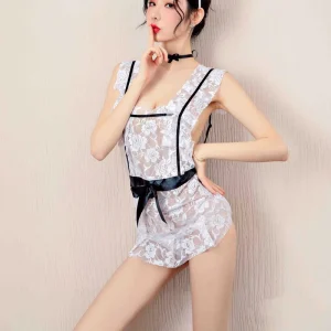 Women’s French Maid Outfit Costume Sheer Lingerie Servant Uniform Cosplay Lace Babydoll Apron