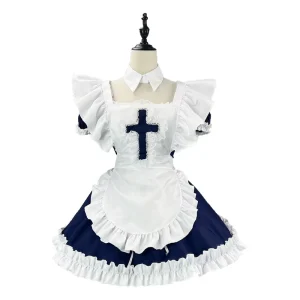 Women’s Gothic Maid Costume Dress Navy Blue and White Ruffle Apron Cross Embroidery