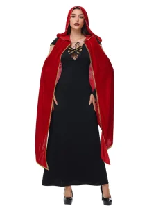Women’s Gothic Vampire Cloak Costume with Black Long Dress and Red Hooded Cape