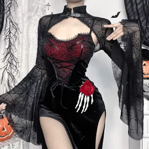 Women’s Gothic Vampire Costume Dress Red and Black Velvet Above-Knee Dress with Sheer Spiderweb Bell Sleeves and Lace-Up Bodice