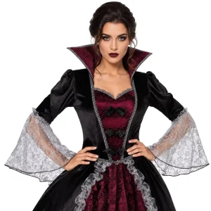 Women’s Gothic Vampire Queen Costumes Black Red Polyester Lace Royal Gown for Halloween Party Stage Performance
