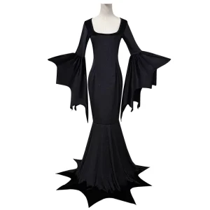 Women’s Gothic Vampire Witch Mermaid Maxi Dress with Batwing Sleeves, Black