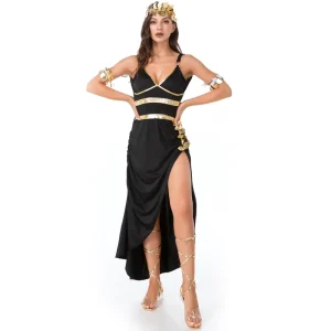 Women’s Greek Goddess Ancient Egypt Black Gold Dress Halloween Cosplay Costume for Stage Performance