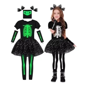 Women’s Halloween Glowing Skeleton Costume Set Ghost Outfit for Children’s Party Featuring Glowing Dresses