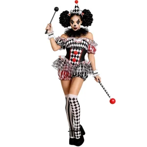 Women’s Halloween Jester Clown Costume Red Black Diamond Romper Dress with Ruffle Tutu