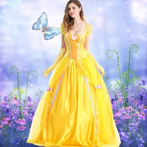 New Fashion Women’s Halloween Party Costumes Girls’ Cosplay Princess Belle Beauty and Beast Nightclub Queen Long Dresses