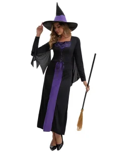 Women’s Halloween Party Dress with Hat Black Purple Gothic Cosplay Costume