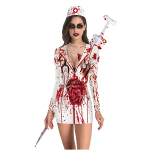 Women’s Halloween Zombie Nurse Uniform Slim-Fit Short Dress