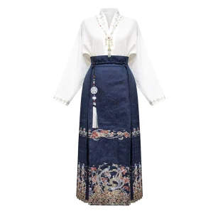 Women’s High-Waist Hanfu Mamian Skirt, Chinese Style, Retro Pleated Jacquard