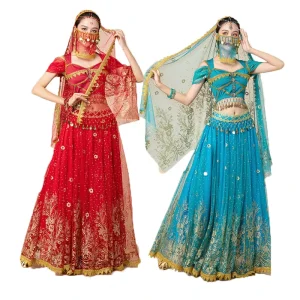Women’s Indian Belly Dance Costume Set 4 Pieces Indian Cosplay Stage Performance Dancewear