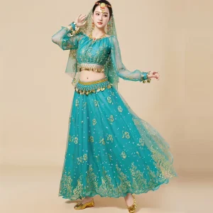 Women’s Indian Bollywood Dance Performance Golden Rose Floral Print Polyester Long Sleeve Dress 2-Piece