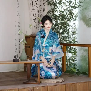Women’s Japanese Blue Yukata Kimono with Obi Printed Geisha Dress Cosplay Costume