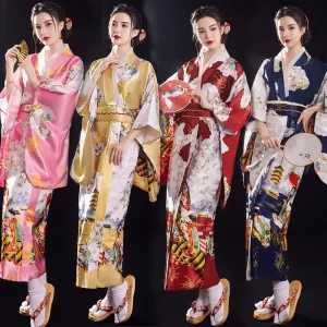 Women’s Japanese Yukata Satin Kimono with Obi Flower Vintage Evening Dress Cosplay Costume One Size