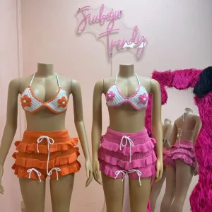 Women’s Knitted Crochet 2 Piece Sets Sexy 3D Flower Decorate Bikini Tops and Ruffles Shorts Matching Beach Vacation Outfits