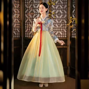 Women’s Korean Hanbok Traditional Court Performance Costume Flower New Year Wedding Party Dance Dress