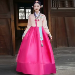 Women’s Korean Hanbok Traditional Court Performance Costume Flower New Year Wedding Party Dance Dress