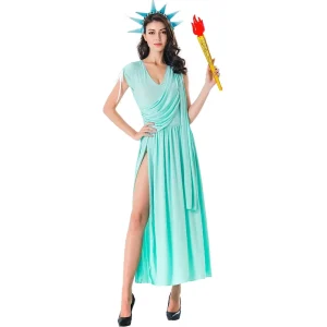 Women’s Lady Liberty Costume Greek Goddess Gown Halloween Costume with Torch
