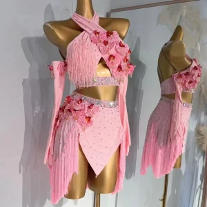 Women’s Latin Dance Costume Tassel Flowers Halter Neck Top and Skirt Suit Pink