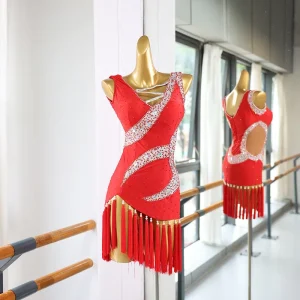Women’s Latin Samba Costume Dress with Rhinestones Ballet Performance Stage Dancewear for Children’s Competition