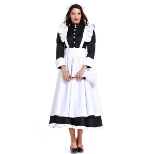Women’s Long-Sleeve Maid Cosplay Dress with Front Buttons, Apron, and Headpiece