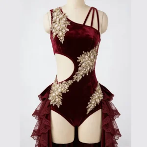 Women’s Lyrical Dance Dress with Shiny Rhinestones and Flower Strap Design for Gymnastics Competitions Stage Performances