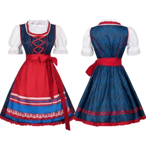 Women’s Medieval Maid Costume Lace-Up German Oktoberfest Dirndl Dress with Apron Short Sleeve Plus Size