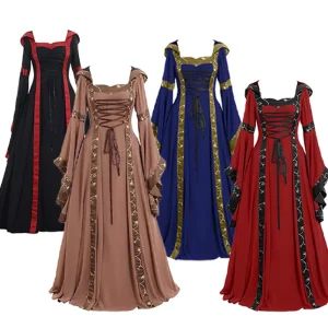 Women’s Medieval Retro Hooded Court Dress Square Neck Bell Sleeves Long Flowing Skirt