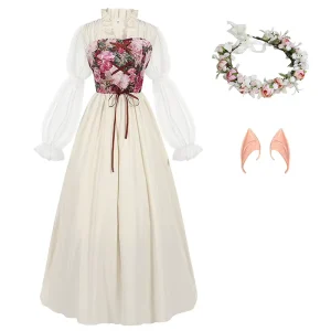 Women’s Medieval Victorian Princess Costume Long Gown with Puff Sleeves