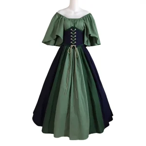 Women’s Medieval Vintage Elf Fairy Costume Dress with Waist Corset, Tube Top, Ruffles and Gown