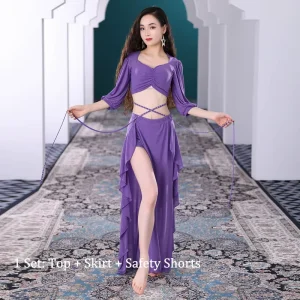 Womens Mesh Belly Dance Costume Two Piece Set Stretch Practice Top and Skirt Shiny Side Slit Oriental Belly Dance Outfit