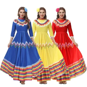 Women’s Mexican Traditional Dress Bohemian Long Swing Dance Costume for Halloween Festival Stage Performance Polyester Material