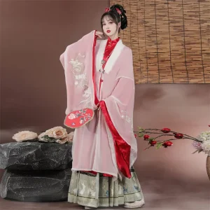 Women’s Ming Dynasty Hanfu Horse-Faced Skirt Tang-Style Round-Collar Robe and Big-Sleeve Shirt Set