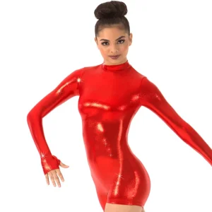 Women’s Mock Neck Biketard Red Shiny Shorty Unitard Girls Turtleneck Ballet Leotards Metallic Stage Performance Costumes