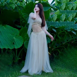 Women’s Modern Dancer Belly Dance Costume Short Sleeve Practice Outfit with Fairy Mesh Large Skirt for Stage