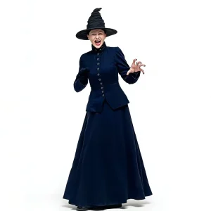 Women’s Navy Blue Witch Costume, Long Sleeve Maxi Dress with Hat