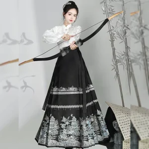Women’s PROMISTAR Daily Tang Suit Traditional Chinese Style Floral Pattern Printing Horse Face Skirt Handmade Chinese Artists