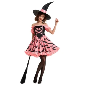 Women’s Pink and Black Bat Print Witch Dress Cosplay Costume