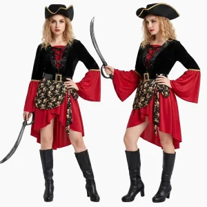 Women’s Pirate Costume with Ruffle Dress, Belt, and Tricorn Hat