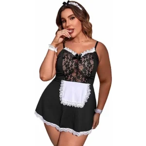 Women’s Plus Size 5-Piece Lace Trim Maid Dress Lingerie Set