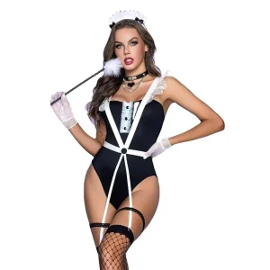 Women’s Plus Size Maid Costume Uniform with Nylon Bodystockings