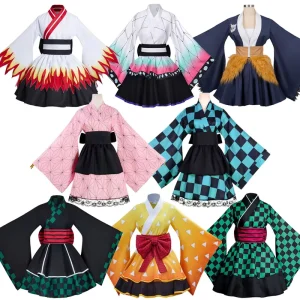 Women’s Polyester Japanese Kimono Yukata Cosplay Dress with Obi Belt