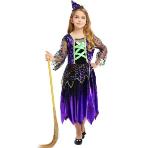 Women’s Purple Halloween Witch Costume Dress with Hat