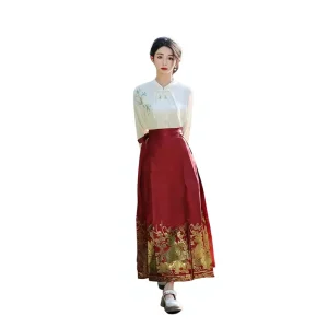 Women’s Red Hanfu Horse-Faced Skirt Chinese Ming Dynasty Style Empire Waist Dress
